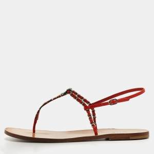 Chanel Red Leather and Tweed  Thong CC Flat Sandals Size 39