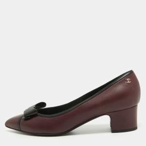 Chanel Burgundy/Black Leather Bow CC Pointed Toe Pumps Size 40
