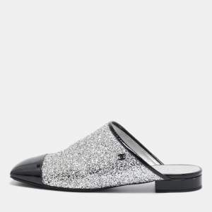 Chanel Silver/Black Coarse Glitter and Patent Cap Toe CC Mules Size 40