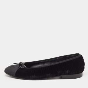 Chanel Black Velvet And Canvas Cap CC Ballet Flats Size 37