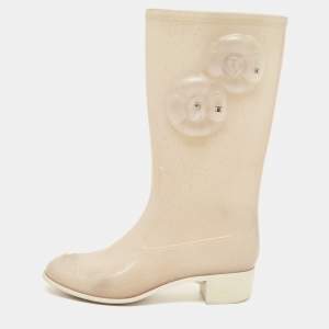 Chanel Beige Glitter Rubber CC Camellia Rain Boots Size 37