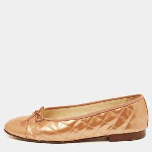 Chanel Metallic Orange Quilted Patent Leather CC Bow Ballet Flats Size 40
