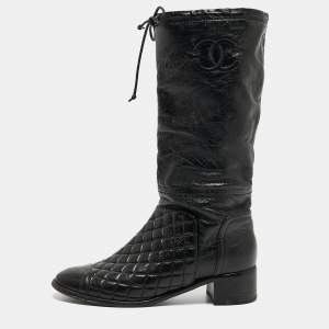 Chanel Black Quilted Leather CC Mid Calf Boots Size 39