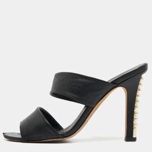 Chanel Black Leather CC Pearl Embellished Heel Slide Sandals Size 39
