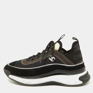 Chanel Black/White Suede and Knit Fabric CC Low Top Sneakers Size 40