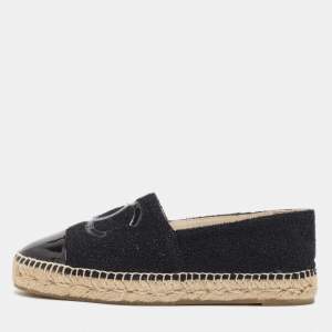 Chanel Black Tweed and Patent CC Espadrille Flats Size 39