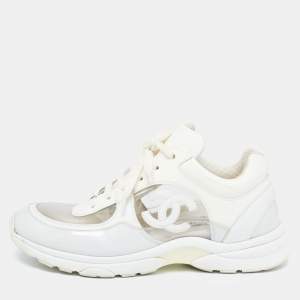 Chanel Off White Patent Leather and PVC CC Low Top Sneakers Size 41