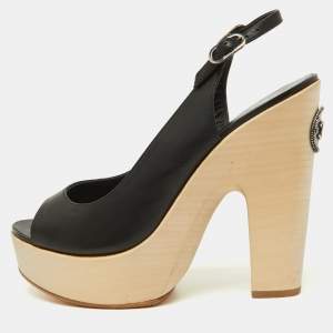 Chanel Black Leather Wooden Block Heel Slingback Platform Pumps Size 39