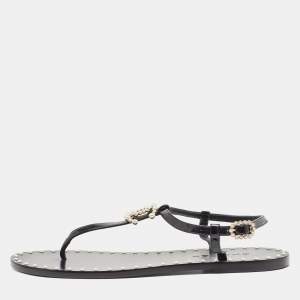 Chanel Black Patent and Leather CC Pearl Embellished Flat Thong Sandals Size 39.5