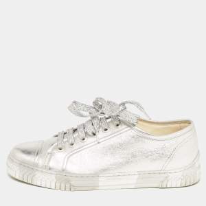 Chanel Metallic Silver Leather CC Logo Low Top Sneakers Size 40