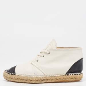 Pre Owned Chanel White/Black Leather CC Mid Top Espadrille Flats Size 39