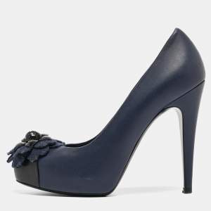 Pre Owned Chanel Navy Blue Leather Camelia Cap Toe Pumps Size 37