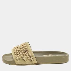 Chanel Green Canvas CC Chain Embellished Flat Slides Size 37