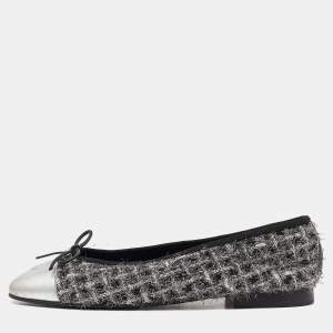 Chanel Black/Silver Tweed and Leather CC Ballet Flats Size 39
