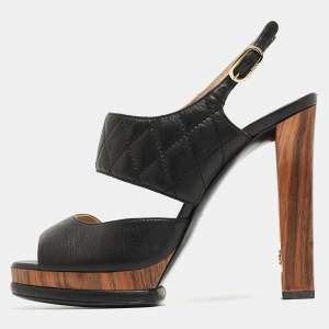 Chanel Black Quilted Leather CC Platform Slingback Sandals Size 38