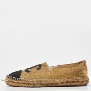 Pre Owned Chanel Gold/Black Fabric CC Logo Espadrilles Size 38
