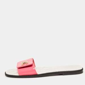 Chanel Pink Patent Leather CC Flat Slides Size 37.5