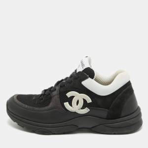 Pre Owned Chanel Black Suede And Fabric CC Lace Up Sneakers  Size 40