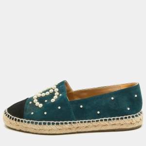 Pre Owned Chanel Green/Black Suede CC Cap Toe Espadrille Flats Size 39
