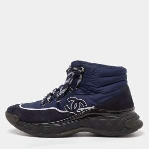Chanel Navy Blue Nylon and Suede High Top Lace Up Sneakers Size 40