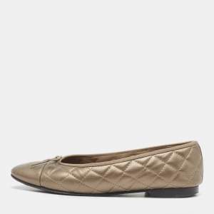 Chanel Metallic Quilted Leather Bow CC Cap Toe Ballet Flats Size 40