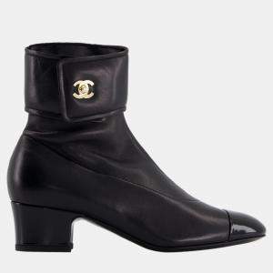 Chanel Black Leather Ankle Boots with Patent Toe and Champagne Gold CC Logo Detail Size EU 35.5
