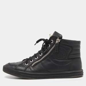 Chanel Black Leather CC Zip Link High Top Sneakers Size 39.5