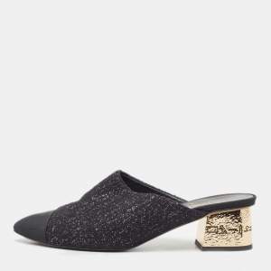 Chanel Black Tweed and Fabric Cap Toe Block Heel Mules Size 38