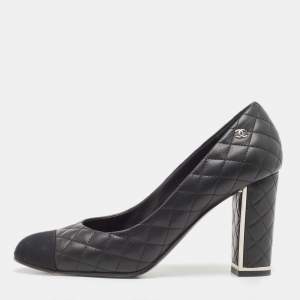 Pre Owned Chanel Black Quilted Leather and Grosgrain CC Cap Toe Pumps Size 39.5