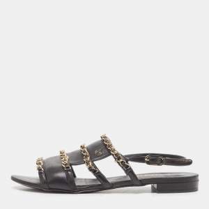 Chanel Black Leather CC Chain Link Flat Slingback Sandals Size 37.5