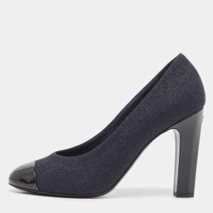 Pre Owned Chanel Navy Blue/Black Lurex Fabric and Patent Leather Cap Toe Pumps Size 39