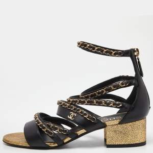 Chanel Black/Gold Leather CC Chain Detail Strappy Sandals Size 37