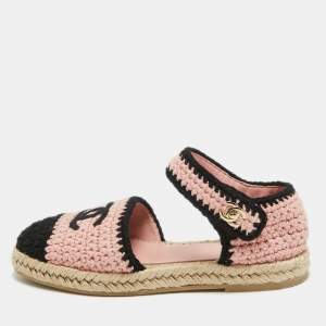 Chanel Pink/Black Braided Knit Fabric CC Espadrille Ankle Strap Flats Size 37