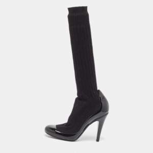 Chanel Black Patent Leather and Knit Fabric Sock Pumps Size 35