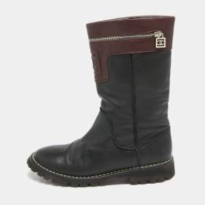 Chanel Black/Burgundy Leather CC Mid Calf Boots Size 39.5