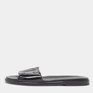 Chanel Black Patent Leather CC Flat Slides Size 39.5