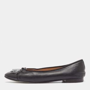 Chanel Black Leather CC Cap Toe Ballet Flats Size 39.5