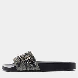 Chanel Metallic Lace and Suede CC Chain Tropiconic Slides Size 41