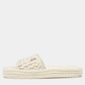 Chanel Cream Tweed  Interlocking CC logo Flat Slides Size 37 