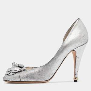 Chanel Metallic Silver Leather Camellia D'orsay Pumps Size 39.5