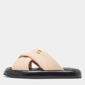 Chanel Beige Fabric Interlocking CC Logo Flat Slides Size 37