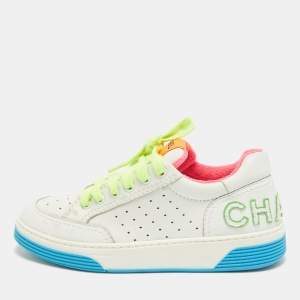 Pre Owned Chanel White/Neon Leather Logo Low Top Sneakers Size 37