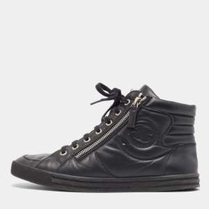 Chanel Black Leather CC High Top Sneakers Size 38.5 