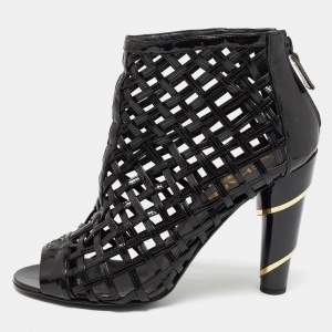 Chanel Black Patent Leather Open Toe Cage Ankle Boots Size 40