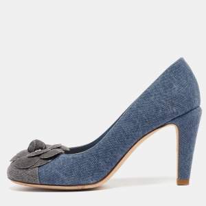 Pre Owned Chanel Blue/Grey Denim Camelia Cap Toe Pumps Size 38.5