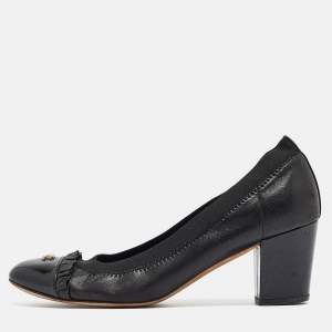 Pre Owned Chanel Black Leather And Elastic Cap Toe Pumps Size 37