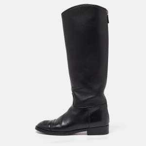 Chanel Black Leather CC Cap Toe Knee Length Boots Size 38