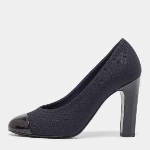 Chanel Blue/Black Lurex Fabric and Patent CC Cap Toe Pumps Size 36.5