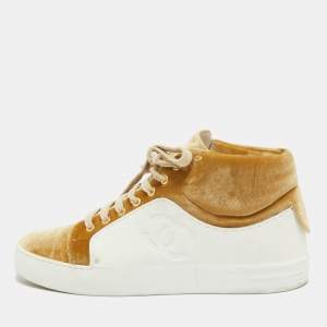 Chanel Gold/White Velvet and Rubber CC High Top Sneakers Size 36