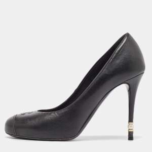 Pre Owned Chanel Black Leather CC Pearl Heel Cap Toe Pumps Size 37